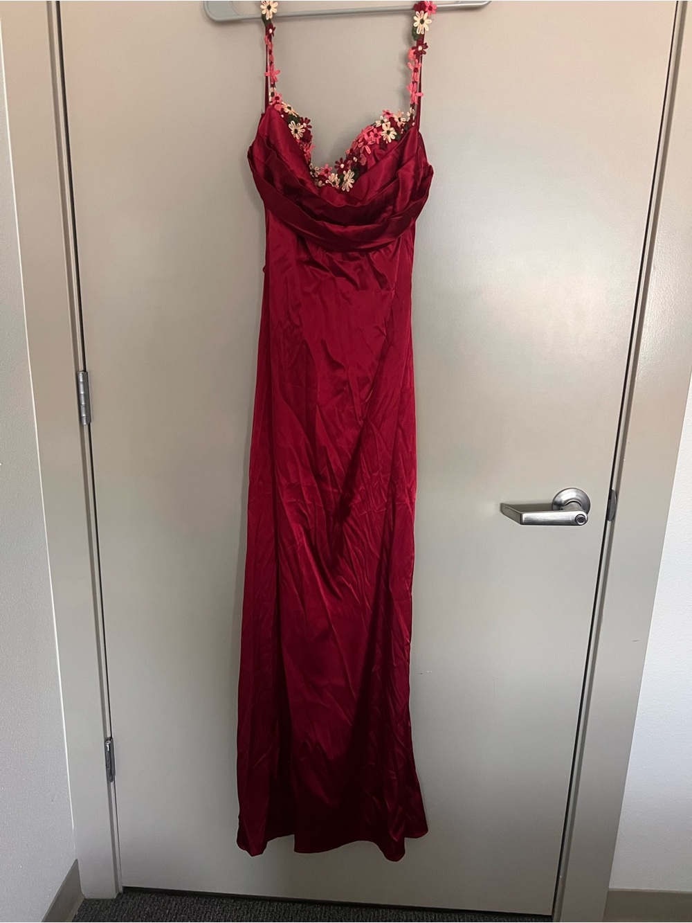 Satin Burgundy Maxi Dress with Floral-Embellished Straps - Picture 4 of 5
